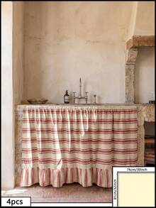 1/2pcs Beige With Red Horizontal Stripes Sink Skirt, Rustic Country Style Fabric Material, Rectangular Top With Gathered Pleats And Bottom Ruffle Details, Storage Concealment And Decorative Function, Kitchen Sink Curtain Suitable For Kitchen Sink Concealment And Rustic Home Decor Scenes - Red - View 12