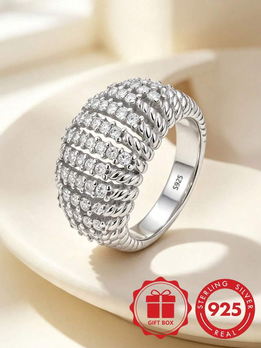 S925 Sterling Silver Multi-Layer Twisted Rope Design Full Zirconia Inlaid Wide Ring, Heavy Craftsmanship Luxury Elegant Banquet Versatile Women's Index Finger Ring, Jewelry Gift With Gift Box - Silver - View 1