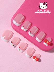 Sanrio Hello Kitty 24片正方形美甲貼片，法式穿戴甲，可愛Hello Kitty蝴蝶結與水鑽設計，完美貼合假指甲套組，含1片果凍膠與1片指甲锉，適合女孩日常、派對與聚會使用 - 彩色 - 查看 3