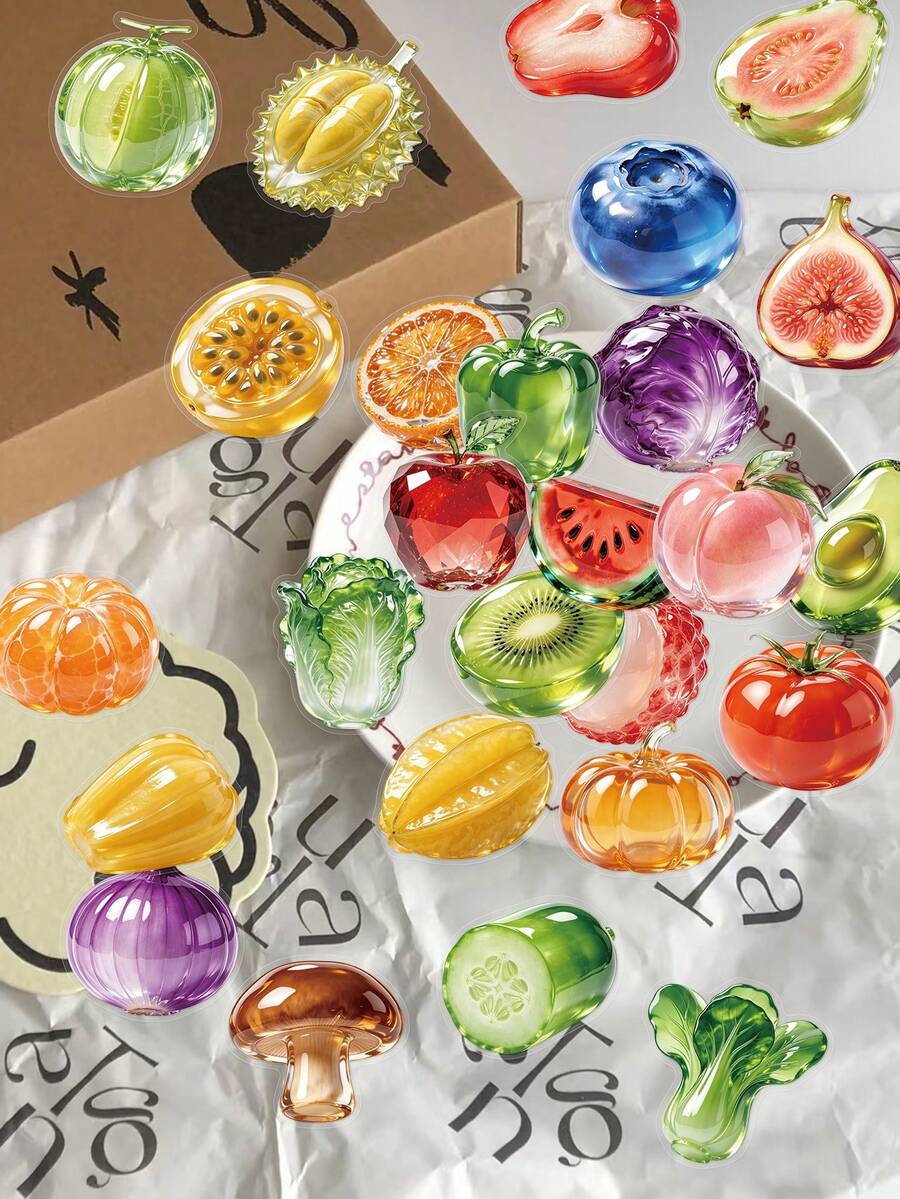 50pcs Glass Fruit & Vegetable Stickers For Decoration, Scrapbook, Diary, Planner, Luggage, Guitar, Skateboard, Window, Water Bottle - Multicolor - View 1