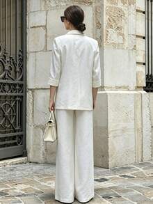 Women's Spring/Autumn Casual Elegant Commute Double-Breasted Lapel Faux Pocket Solid Color 3/4 Sleeve Blazer & Wide Leg Pants 2-Piece Set - White - View 4