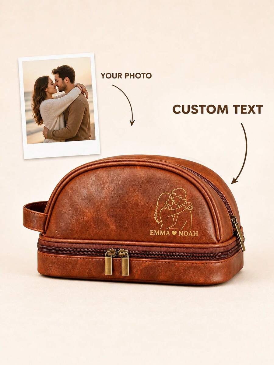 Personalized Couple Travel Organizer Bag, Custom Name & Line Art, Dual‑Layer Travel Pouch For Anniversary Wedding Gift - Multicolor - View 1