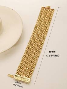 1pc Wide Mesh Heart Pattern Gold Plated Bracelet, Dubai Luxury Wedding Party Bangle For Women, Vintage Textured Chain Bracelet Jewelry Gift - Yellow Gold - View 6