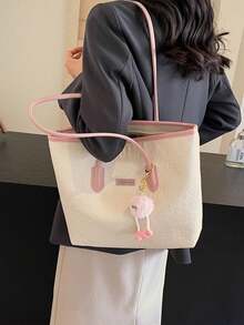 Large Capacity Women's Fashionable Multifunctional Shoulder Bag, New Canvas Tote Bag, Stylish Design, Perfect For School, Commuting And Shopping (Pendant Not Included) - Pink - View 5