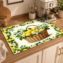 1pc Yellow Lemon Flower Basket Pattern Dish Drying Mat, Fresh Country Style, Quick-Dry Absorbent Material, 2D Flat Floral Print Design, Non-Slip Surface Protection, Suitable For Daily Kitchen, Dish Drying, Family Gatherings And Home Decor - Multicolor - View 4