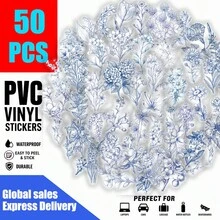 50 Blue And White Flower Fun Cartoon Stickers, Exquisite And Fun Stickers For Decorating Stationery, Laptops, Phone Cases, Suitcases, Guitars, And Helmets - Multicolor - View 2