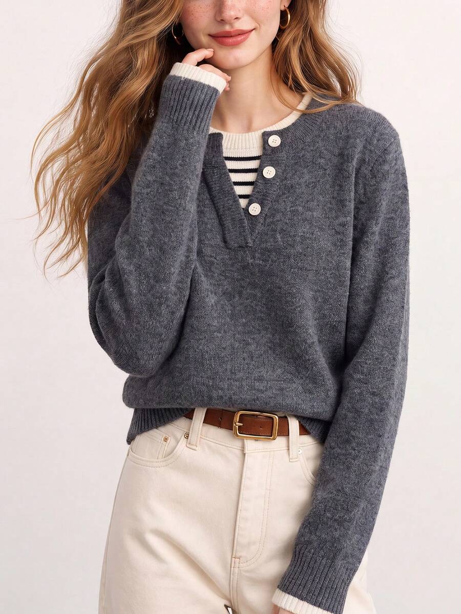 Women's Autumn Minimalist 2 In 1 Design Pullover Knit Sweater - Grey - View 1