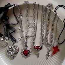 5 piezas/Set Collares con cadena y colgante de estrella, cruz, corazón con espinas rojas, patchwork y borlas, joyería estilo gótico, punk, hip hop, grunge, Y2K para mujer y hombre, regalo para fiesta - Multicolor - Ver 3