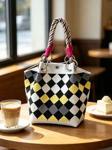 Classic Colorblock Polka Dot Casual Versatile Artistic Bucket Bag, Multi-Functional Daily Commute Handbag, Suitable For Niche Shopping And Dating - Grey - View 4