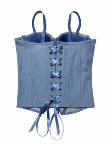 Minimalist Denim Waist-Cinching Zipper Backless Lace-Up Cropped Top - Blue - View 6