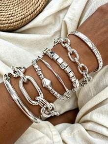 7pcs Vintage Fashion Punk Style Hammered Geometric Chain Silver Bracelet Set, Suitable For Women's Daily Wear, Party, Beach, Vacation, Wedding, Layering, Gift - Silver - View 2