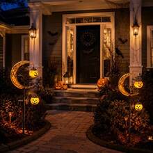 New Halloween Solar Powered Outdoor Cat Scratch Pumpkin Ground Light, Halloween Outdoor LED Moon Ground Stake Light, Warm White LED Decorative Light, Suitable For Path, Patio, Camping, RV, Garden, Wedding, Backyard, Ideal Halloween Gift - Black Cat With Double Pumpkins - View 12