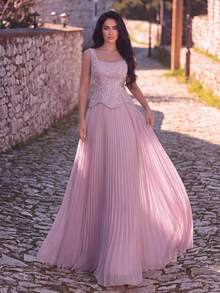 Faeriesty Luxury Elegant Beaded & Sequined Pleated Long Formal Evening Gown Party Pink Wedding Fall - Pink - View 4