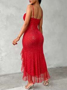 ChicMe Women Glitter Mesh Cami Dress Cowl Neck Slit Mermaid Dress Backless Ruffle Hem Party Night Gowns Dress With Built In Bra Pad - Red - View 2