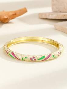 1pc Fashion New Style Gold Plated Exquisite Floral Enamel Cloisonne Bangle Hinged Cuff Rhinestone Jewelry Gift For Women - Hot Pink - View 4