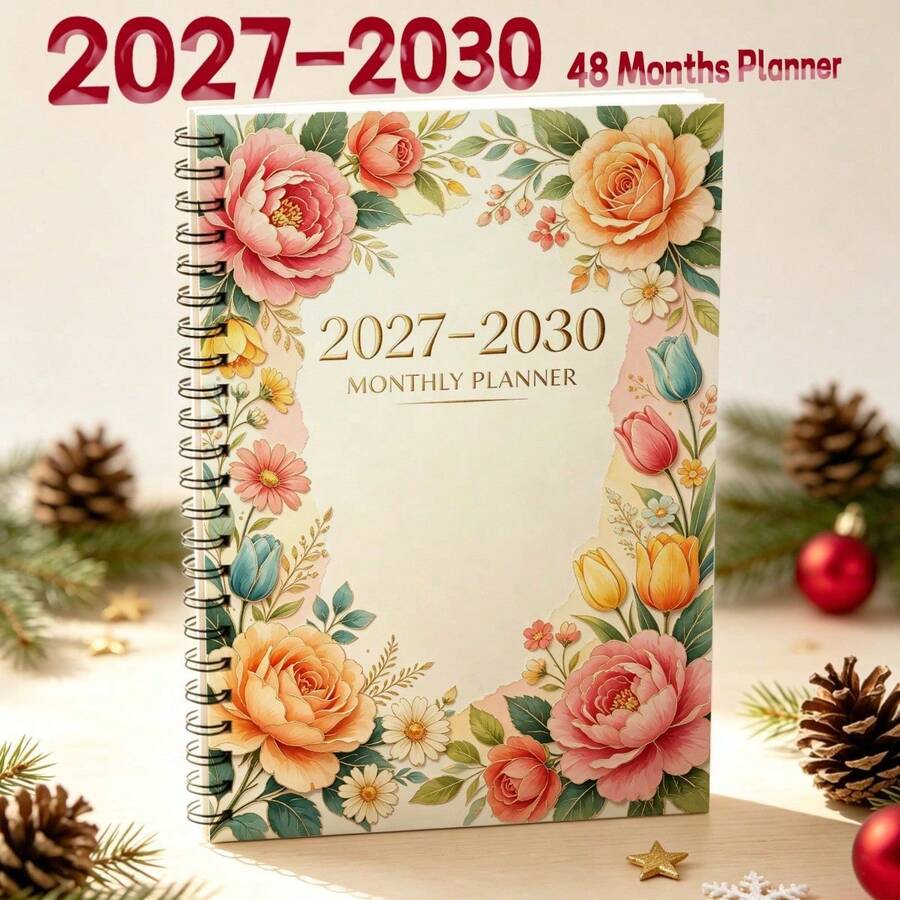 1PC A5 Monthly Planner 2027-2030 Watercolor Lotus Flower Cover, 48-Month Spiral Bound Calendar Notebook, Twin-Wire Binding Thick Premium Paper With Tabs, Weekly & Monthly Schedule Organizer For Student Office Home - A5 - View 1