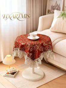 HXARTMIS 1pc Vintage Floral Jacquard Lace Trim Tablecloth, Red Square Decorative Table Cover, Suitable For Coffee Table, Wedding And Holiday Home Decor - Red - View 1