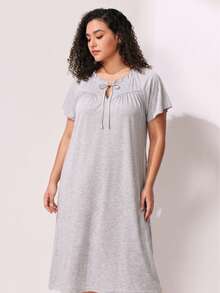 Spring/Summer Plus Size Loose Ruffle Milk Silk Nightgown Dress For Women, Bow Ruffle, Elegant Casual Sweet - Light Grey - View 5