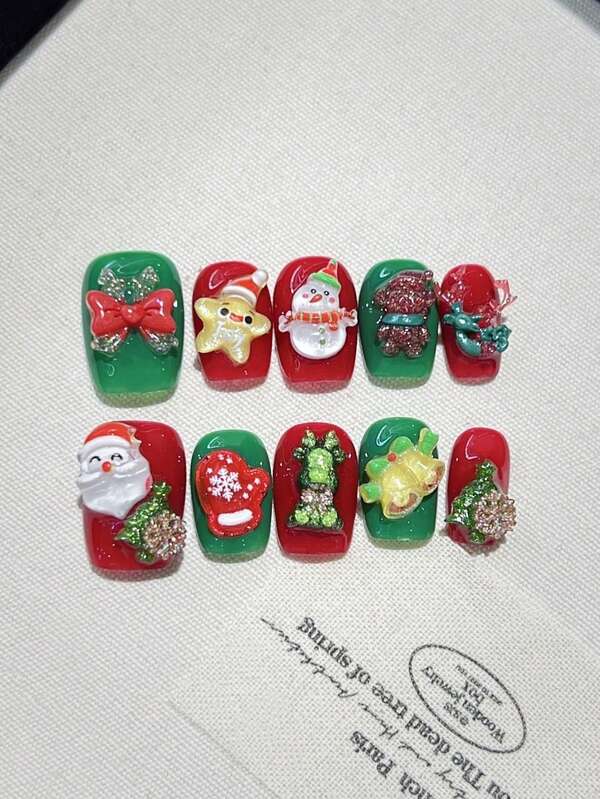 10pcs Y2K New Christmas Style Handmade Press-On Nails, 3D Christmas Tree, Santa Claus, Red Socks, Cute Versatile Style, Joyful Handmade Press-On Nails, Includes 2 Jelly Glue And 1 Nail File [Christmas Nails]