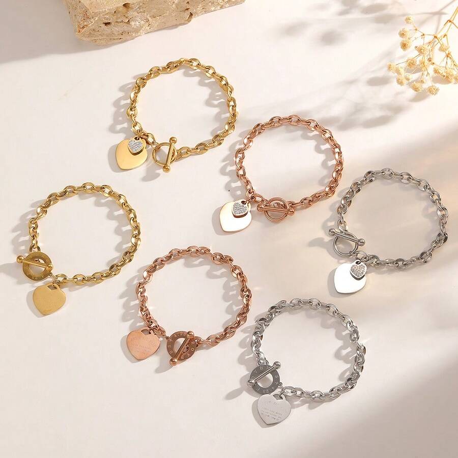 Women's Stainless Steel Heart Engraved Titanium Chain Bracelet With T-Bar Clasp, Suitable For Daily Wear And Date Night As A Gift - T-bar Bracelet - View 1