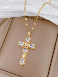 A Golden Women's Fashion Necklace, Retro Golden Cross Necklace, Personalized Pendant, Niche Design Clavicle Chain - Yellow Gold - View 2