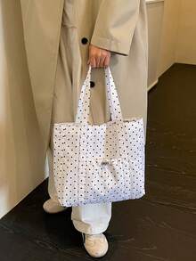 純色大容量極簡購物托特包、波點圖案托特包、購物袋、抽繩封口托特包 - 米色 - 查看 8