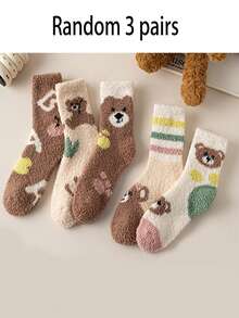 3/5 Pairs Random Women's Coral Fleece Mid-Calf Socks, Winter Warm Sleep Socks, Floor Socks, Cute Bear Pattern Fuzzy Socks, Coffee Color Versatile Women's Socks - Multicolor - View 8