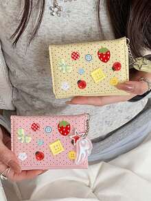 Cute Polka Dot 3-Fold Wallet With Button Decor & Star Wing Charm,Cute Ladybug Portable Coin Purse,Compact Women's Short Purse,Daily Card Organizer - Multicolor - View 1