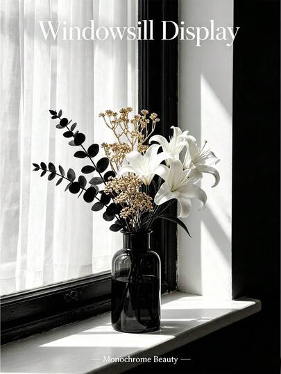 10/20pcs White Lily Bouquet With Black Eucalyptus Leaves And Gold Baby's Breath, Artificial Floral Arrangement For Restaurant, Hotel, Cafe, Wedding, Photo Booth Decoration, Modern Home Table Centerpiece, Room Autumn Decor
