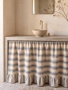 1/2pcs Beige Gray Horizontal Striped Table Skirt, Rustic Pastoral Style Fabric Material, Rectangular Top Pleated And Bottom Ruffle Detail, Storage Concealment And Decorative Beautification Function, Suitable For Storage Rack Cover And Natural Home Decor Scenes - Dark Grey - View 3