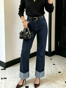 Women's High Waist Straight Leg Jeans, Dark Blue Cuffed Hem Denim Pants, Slim Fit Commuting Casual Versatile Style Fall - Dark Wash - View 3