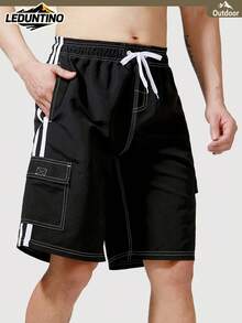 LEDUNTINO [Spring/Summer] Men's Fashion 2-In-1 Double Layer Shorts, Solid Color, Striped, Multi-Pocket, Men's Summer Elastic Waist Shorts - Black - View 3