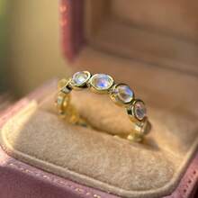 Gold-Plated Bezel-Set Blue Sparkling Moonstone Eternity Band, Delicate Stackable Women's Promise Ring - Gold - View 8