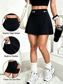 1pc Plus Size Tennis Skort For Women, Spring/Summer Casual Yoga Outdoor Fitness Wear With Built-In Safety Shorts And Side Pockets Sports - Black - View 1
