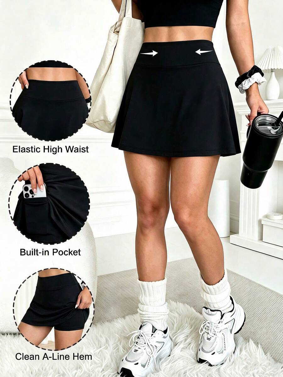 1pc Plus Size Tennis Skort For Women, Spring/Summer Casual Yoga Outdoor Fitness Wear With Built-In Safety Shorts And Side Pockets Sports - Black - View 1
