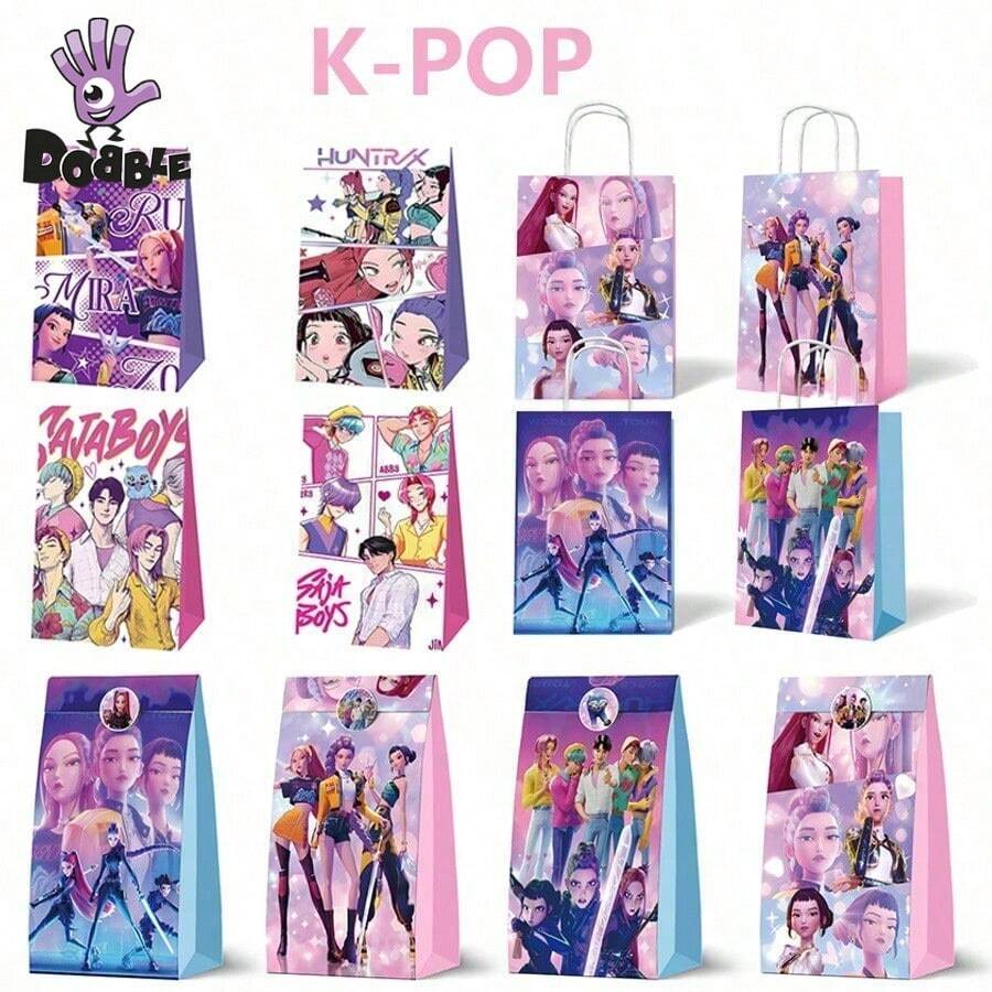 DOBBLE 12/36pcs K-Pop Style Anime Character Paper Gift Bags, Mixed Design Candy Favor Bags For Birthday Party Supplies, Party Favors, Gift Packaging & Party Decorations - View 1