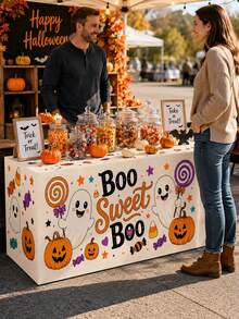 1pc Cream Cartoon Halloween Tablecloth, Cute Polyester Rectangular Three-Sided Tablecloth With Ghost, Pumpkin And Candy Print, Suitable For Fall Home Decor, Halloween Home Decor, Halloween Decoration, Party Decor And Outdoor Halloween Decoration - Multicolor - View 2