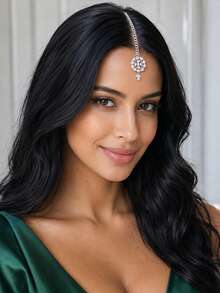 outingfit 1pc Vintage Bridal Forehead Chain, Pearl Hair Chain Wedding Jewelry - Silver - View 1