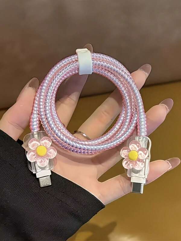 1 Set Protector de cable de datos de plástico con flor 3D, forma de flor, compatible con cable de carga rápida PD de 18W/20W de Apple, adecuado como regalo de cumpleaños, Navidad, Año Nuevo para la familia