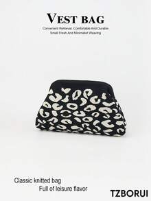 Tas Kosmetik Bingkai Logam Motif Leopard Hitam Putih, Tas Penyimpanan Portabel Kapasitas Besar dari Kain Rajut, Kantong Kosmetik Genggam untuk Perjalanan - MultiWarna - View 1