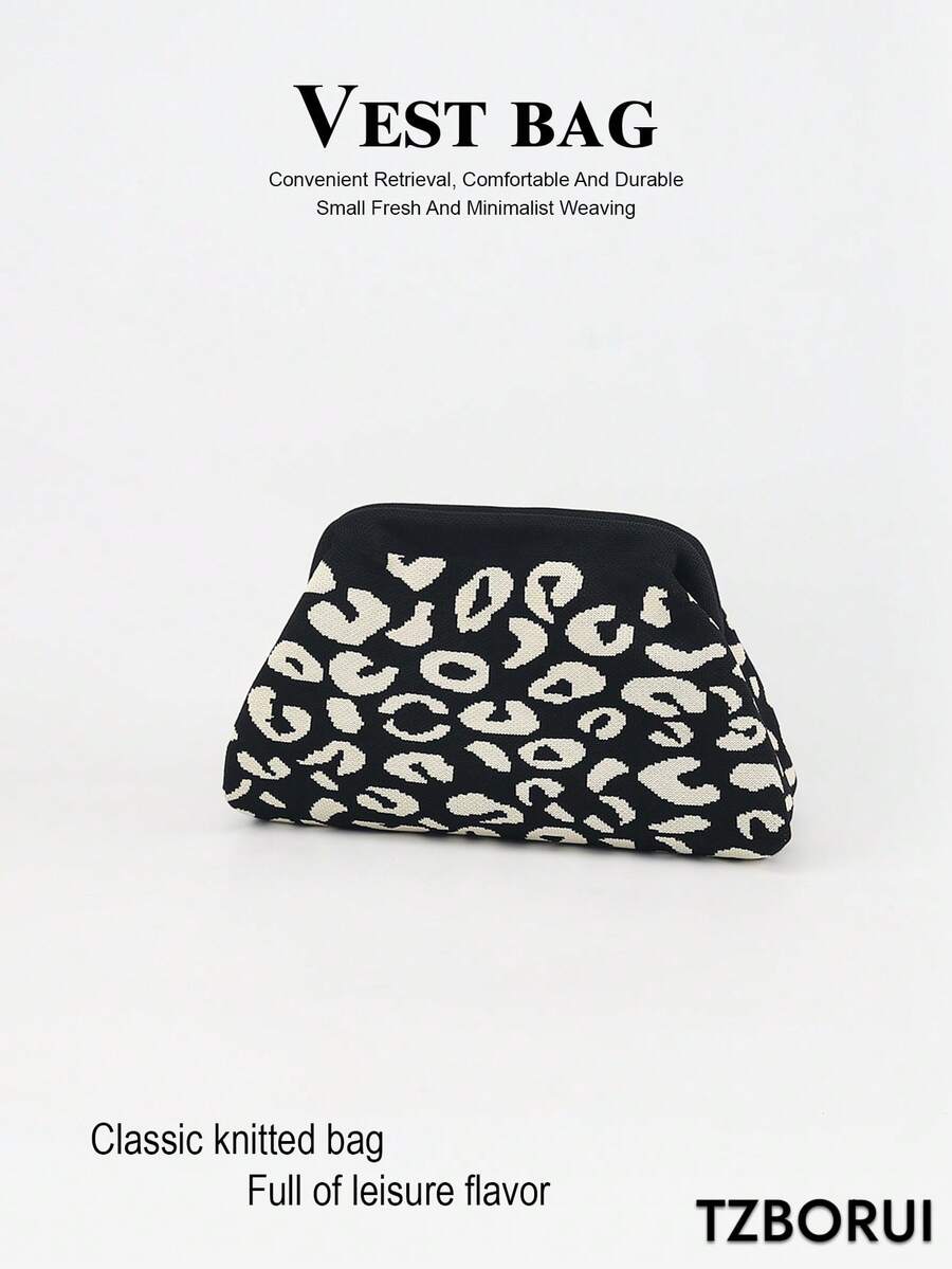 Tas Kosmetik Bingkai Logam Motif Leopard Hitam Putih, Tas Penyimpanan Portabel Kapasitas Besar dari Kain Rajut, Kantong Kosmetik Genggam untuk Perjalanan - MultiWarna - View 1