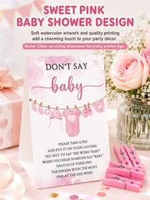 Ensemble de 51 pièces pour jeux de baby shower, comprend le panneau "Don't Say Baby" et 50 pinces en plastique pour baby shower, convient pour fête de révélation du , jeux de fête de baby shower - Rose bonbon - Voir 6