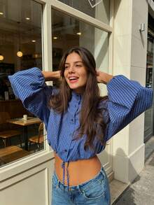 Elegant Casual American Vintage Blue Small Checkered Stand Collar Button-Down Tie Hem Short Lantern Sleeve Blouse - Blue - View 2