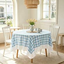 1pc Blue Plaid Print Tablecloth With White Ruffle Edge Decoration, Suitable For Dining Room, Balcony And Other Decorative Tablecloths. - Blue - View 5