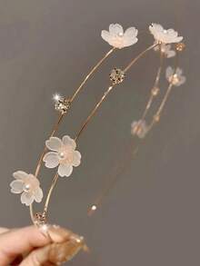 1pc Double Layer Alloy Thin Hair Tie With Faux Pearl Flower Decoration, Sweet Hair Accessory, Girls Headpiece - Multicolor - View 5