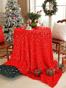 1pc Red Christmas Snowflake Foil Printed Velvet Tablecloth, Gold Christmas Snowflake Pattern Dining Tablecloth, Rectangular Tablecloth Christmas Holiday Restaurant Home Decor - Red - View 6