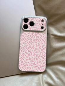 1pc Pink & White Leopard Print Anti-Drop Leather Texture Integrated Camera Frame Full Coverage Phone Case, Suitable For 11/12/13/14/15/16/17/18, Sweet & Cool Girl Style Protective Cover - Silver - View 2