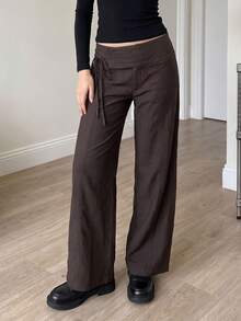 Women's Casual Straight Leg Side Tie Pants, Suitable For Daily Wear, Going Out And Dating - Coffee Brown - View 2