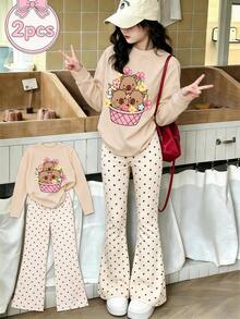 This 2 Pieces Set For Older Girls And Teens Includes An Apricot Long-Sleeve Top And A Pair Of All-Over Polka Dot Flared Pants; Featuring A Creative Design With A Capybara Pattern, The Overall Style Is Simple And Casual - Apricot - View 2