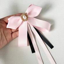 1pc Women's Elegant Exquisite Preppy Style Crystal Decorated Accessory, Solid Color Bowknot Ribbon Brooch, Can Be Worn On Shirts, Dresses, Backpacks, Commuter Outfits, Banquet Parties, Holiday Gift - Pink - View 5